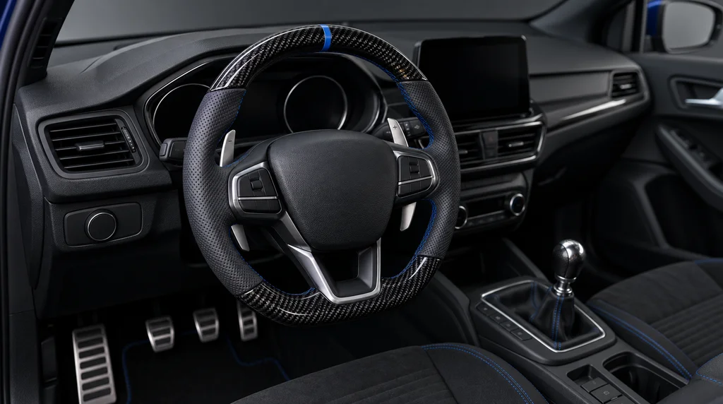 Interior view of a BRONFELD custom flat-bottom steering wheel for Ford Focus ST and Focus RS, with gloss carbon fiber trim, black perforated leather grips and deep blue stitching