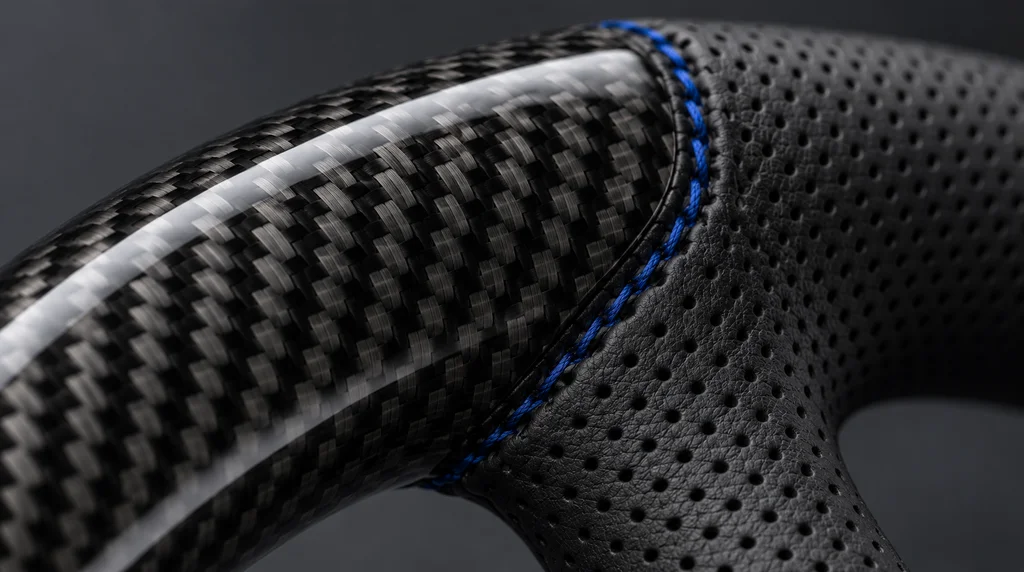 Close-up of gloss carbon fiber, black perforated leather and deep blue stitching on a BRONFELD Ford Focus ST steering wheel