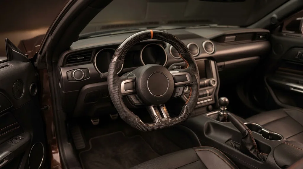 Interior view of a BRONFELD custom steering wheel for Ford Mustang showing gloss carbon on the top half and matte carbon on the bottom half, with black perforated leather grips and orange stitching