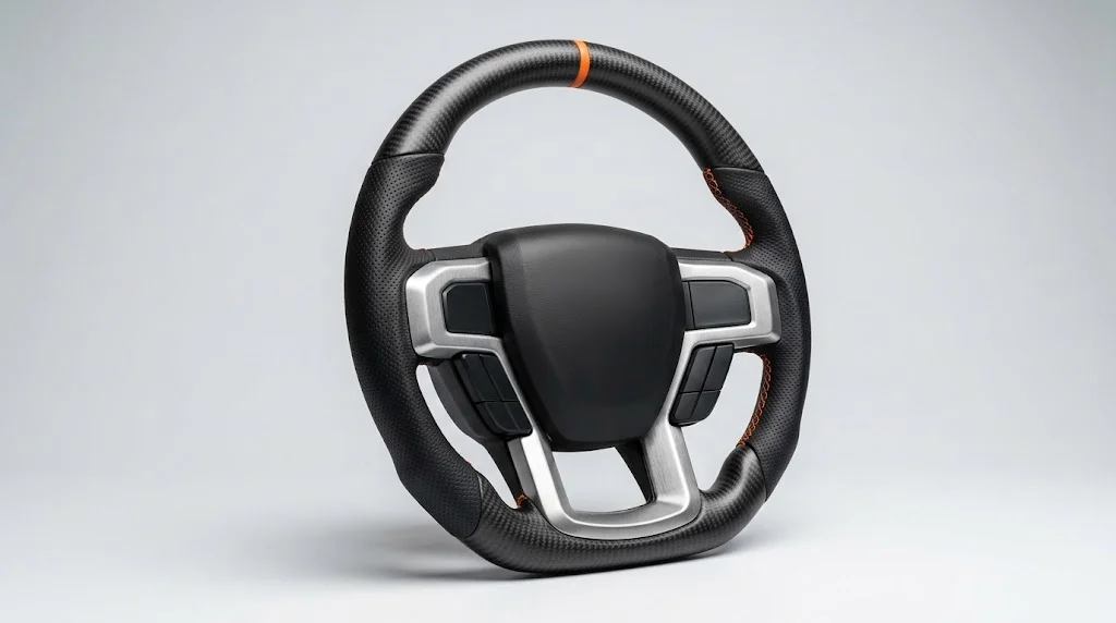Studio product shot of a BRONFELD custom matte carbon fiber and black leather steering wheel for Ford Mustang and F-150 Raptor