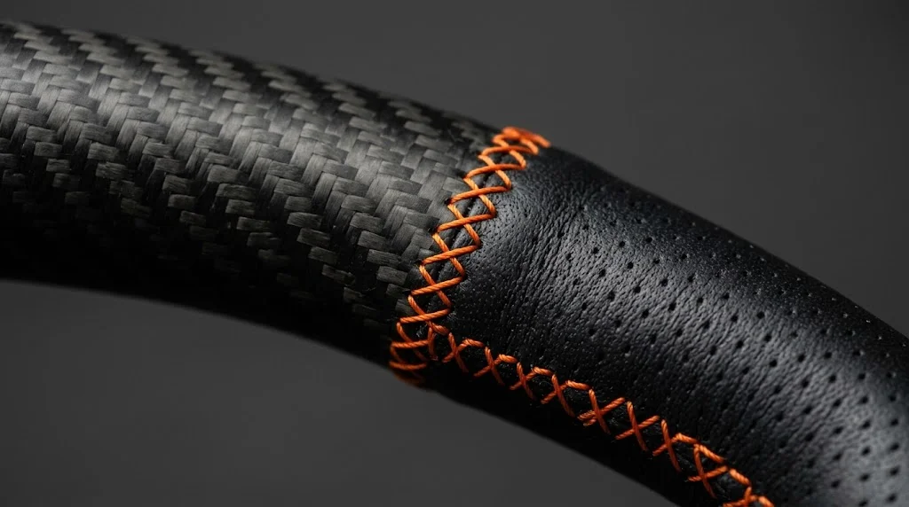 Close-up of matte carbon fiber, black leather and orange stitching on a BRONFELD Ford Raptor steering wheel