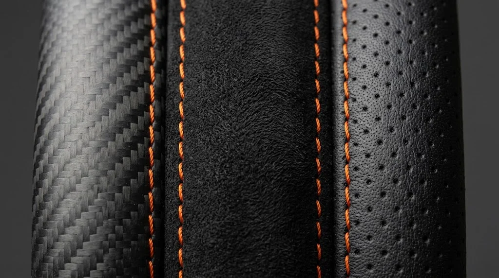 Close-up of three steering wheel materials side by side: matte carbon fiber, black Alcantara and perforated black leather with orange stitching